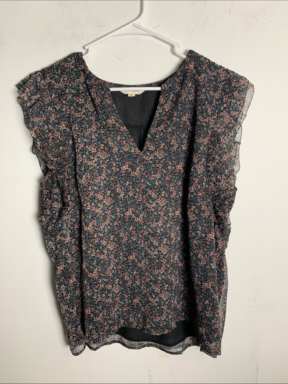 Lucky Brand Floral V-Neck Ruffle Sleeve Top - Teal & Pink